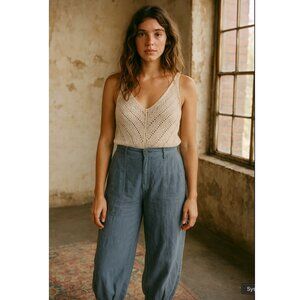 Beulah Style Women's Pants Size Medium Linen Steel Blue Crop Joggers Casual